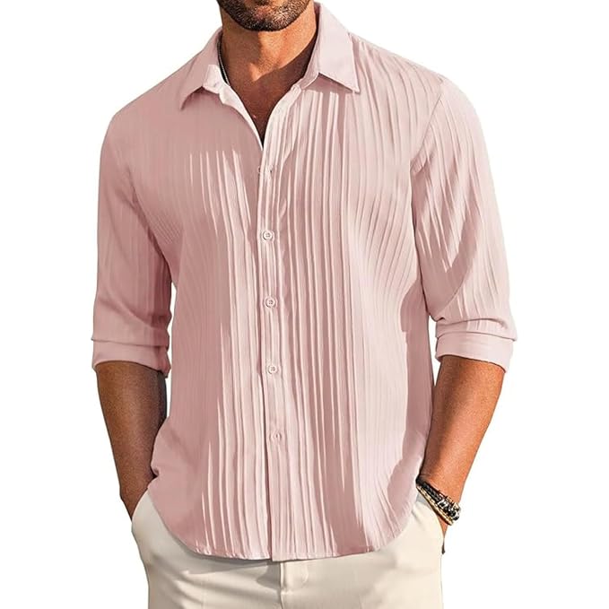 Men’s Textured Button Down Shirt | Long Sleeve | Casual Hawaiian Style | Beach & Summer Wear