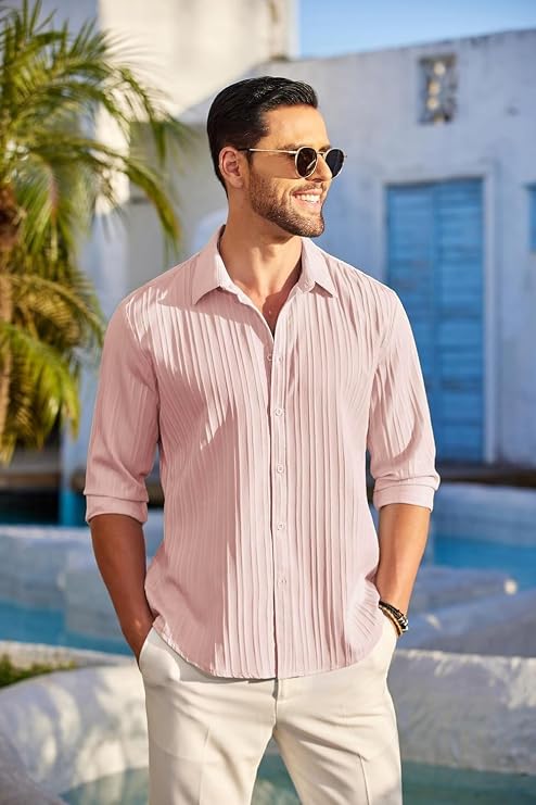 Men’s Textured Button Down Shirt | Long Sleeve | Casual Hawaiian Style | Beach & Summer Wear